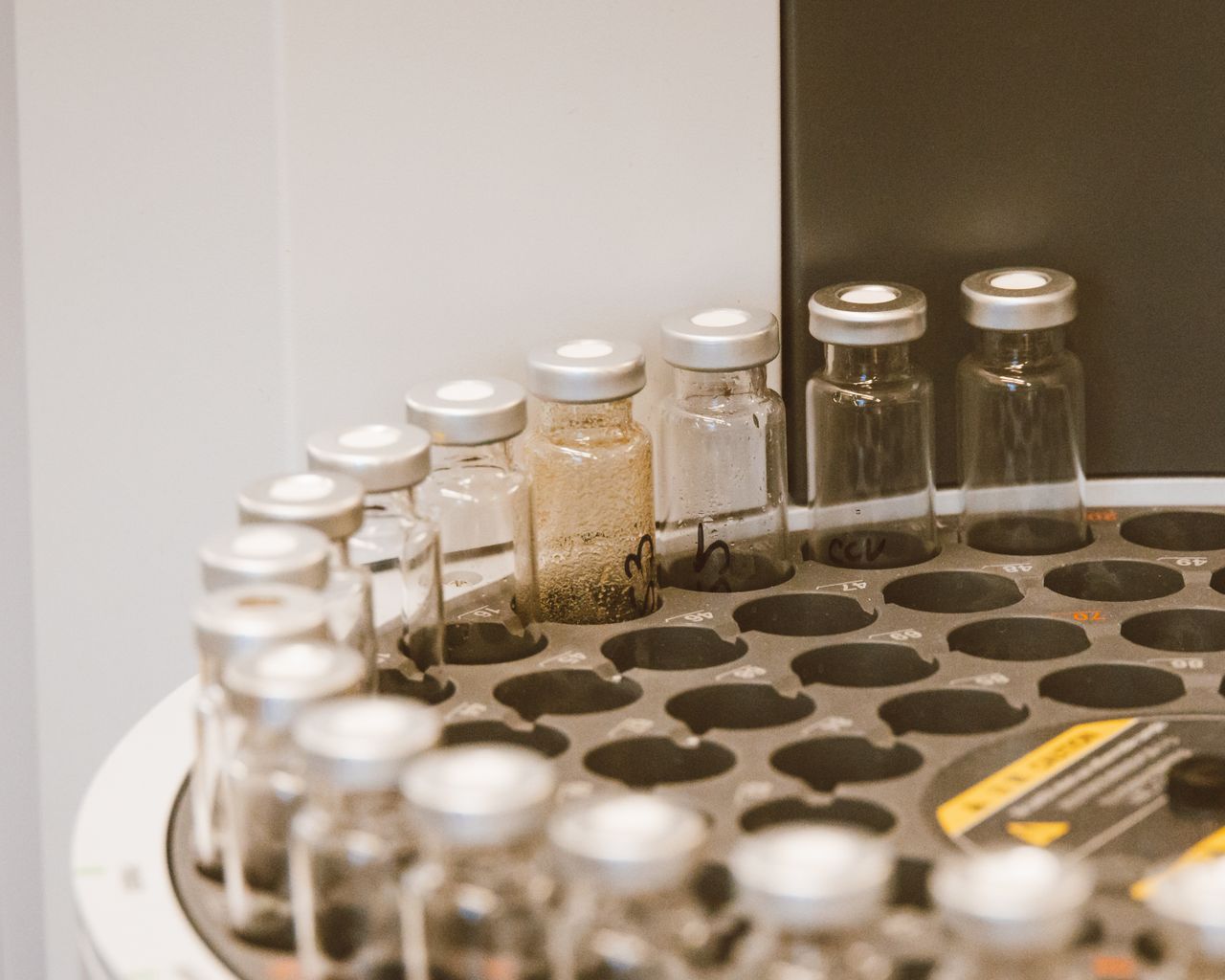 about-01 Vials arranged in a lab rack, showcasing scientific organization and research preparation.
